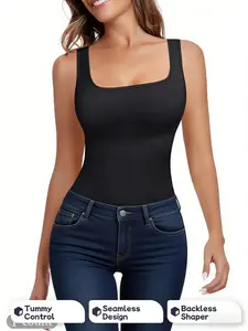 1 Count Women's Solid Color Tummy Control Shapewear Tank, Tummy Tuck Garment, Square Neck Compression Tops, Basic Tight Backless Shaper Vest, Body Shapewear for All Seasons, Suitable for Home Leisure & Yoga, Belly Control Bodysuit