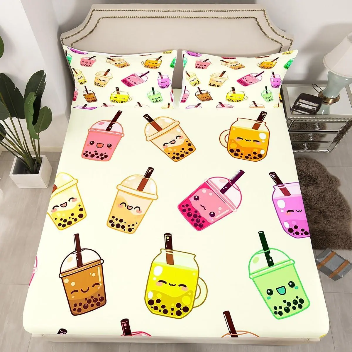 Cute Boba Fitted Sheet Milk Tea Bed Sheet Set Kawaii Bubble Tea Fitted Sheet Cartoon Boba Bed Cover Bed Set (No TOP Sheet)