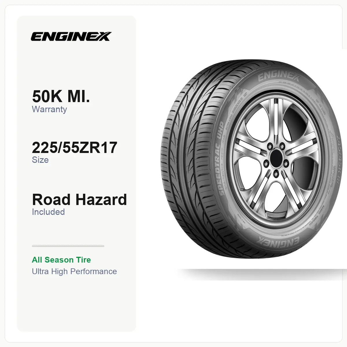 ENGINEX SPEEDTRAC UHP 225/55ZR17 101W | All Season Tire, Ultra High Performance, SL Load Range, 50K Mile Warranty, Road Hazard, Fits select Subaru Legacy, MINI Cooper Countryman & more, For Sedan/Crossover/SUV