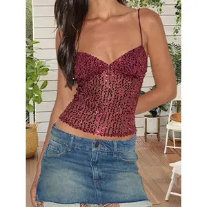 Women's Summer Sequined Camisoles Spaghetti Strap Stylish Sparkly V Neck Crop Tank Tops