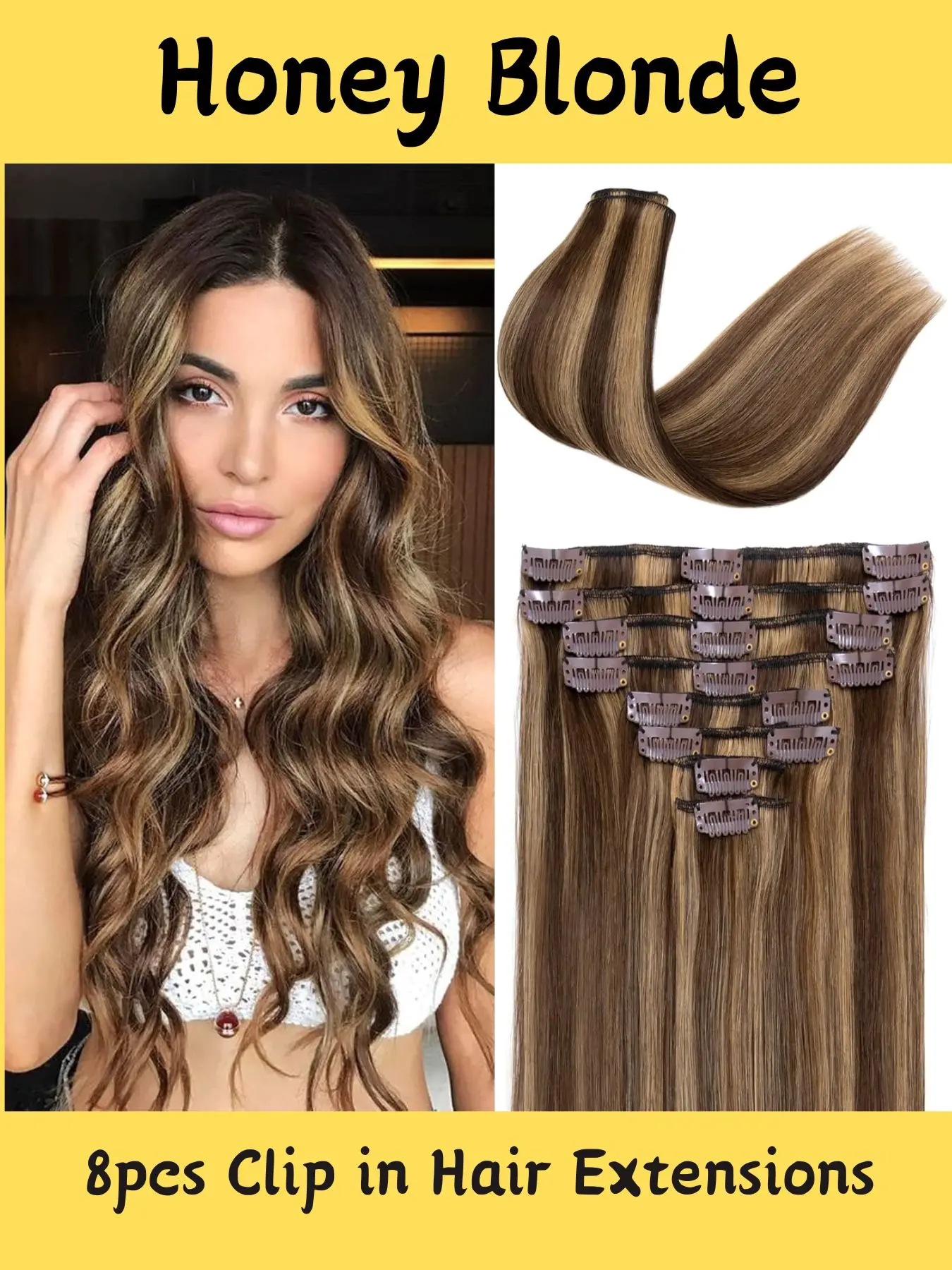 8pcs Clip in Hair Extensions Human Hair Honey Blonde Balayage Standard Weft Short Blonde Hair 100% Real Human Hair Straight #4/27