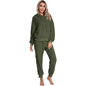 Fuzzy Sherpa Fleece Women's Pajamas Set, Long Sleeve Hoodies Pajama Pants 2 Piece Outfits Loungewear-Sleepwear SIAEAMRG