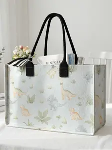 1 piece of 2D printed large-capacity storage bag with dinosaur greenery pattern, extra large storage bag, sturdy handle, space-saving multi-purpose, Casual Shopping Bag, suitable for use at school, on business trips, and shopping