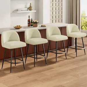 Beige/Green 26 Inch Counter Height Bar Stools Set of 2/4, Modern Faux Sherpa Chairs with Backs, Metal Legs & Arc Footrest for Kitchen Island