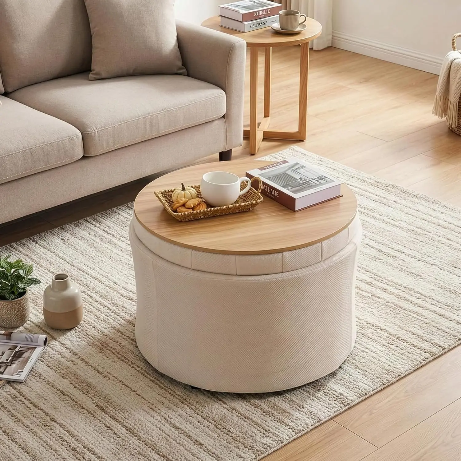 ONBRILL 25" Round Lift-Off Lid Ottoman Coffee Table - Sturdy Steel Frame Indoor Furniture, Multifunctional Footrest with Hidden Storage for Living Room, Bedroom