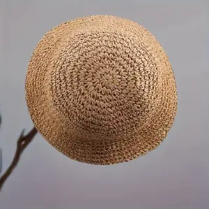 Boho Sun Protection Bucket Hat  1pc Vintage Wide Brim Straw Bucket Hat | Women's Foldable, Breathable Fisherman Cap for Summer, Beach, Outdoor Activities, Natural Design, Construction