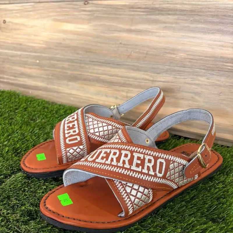 Guerrero Sandals - huaraches - Brown Leather with White Text and Quilted Design, Comfortable and Stylish Footwear for Everyday Wear