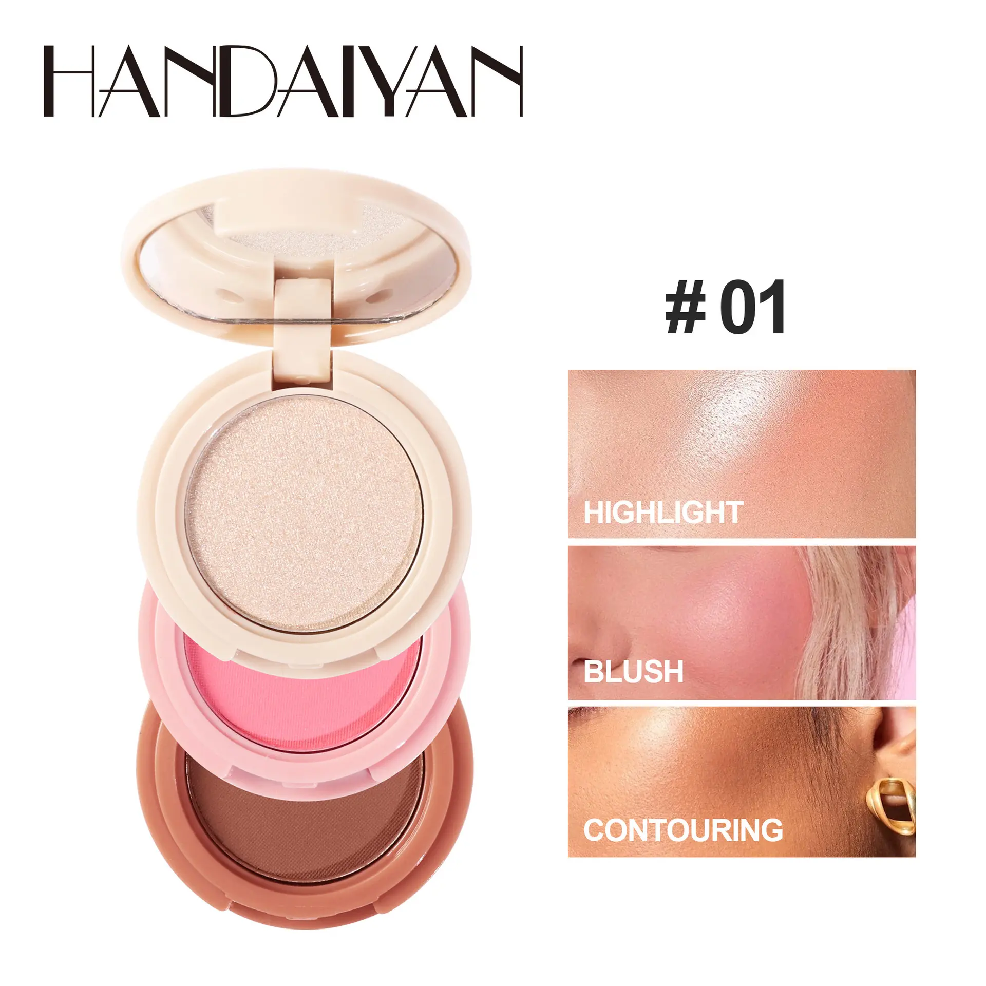 Handaiyan Three-Color Contour Compact Palette, Long-Lasting Waterproof Glow Highlighter Blush Eyeshadow, Multi-Effect Cosmetic Makeup Kit for Beginners, Glam Face Palette, Beauty cosmetics