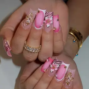 24pcs Square Y2K Fake Nails, Nude & Rose Gold French Tips, Zebra, 3D Flowers, Decor, Rhinestones, Party, Date Night