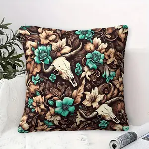 Bohemian-Style Throw Pillow with Inner Cushion, 45cm Square, Zipper Closure, Turquoise Blue and Floral Bull Skull Print Pattern, Soft Comfortable Decor for Bedroom & Sofa,Wild and Romantic Soft Furnishings