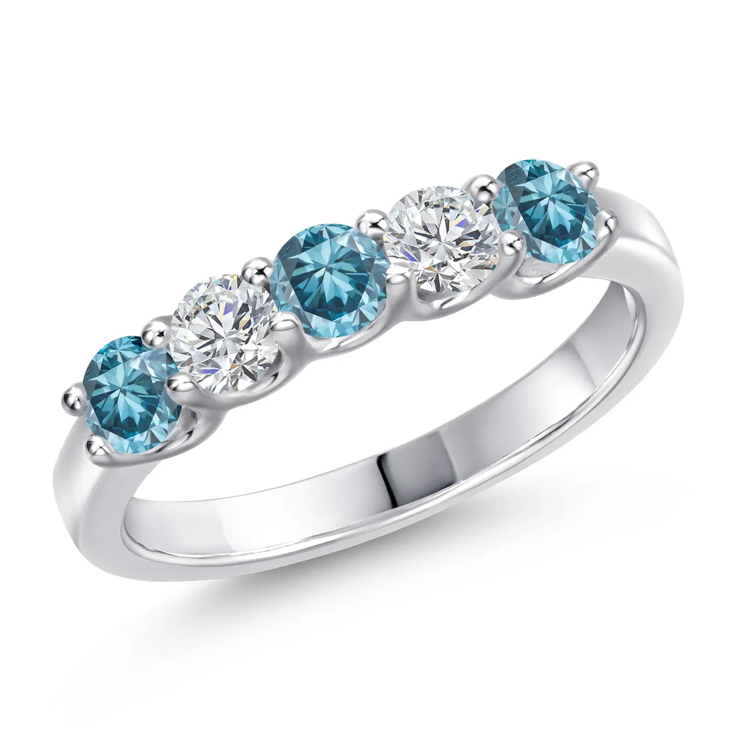 Gem Stone King 925 Sterling Silver Blue Lab Grown Diamond and Lab Grown Diamond Wedding-Bands Ring For Women | 0.85 Cttw | Round 3.5MM | Gemstone April Birthstone
