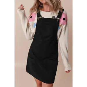 Black Solid Front Pockets Sleeveless Corduroy Overall Dress Arrives in 12 to 15 days capri  sun