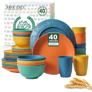 40-Piece Premium Wheat Straw Dinnerware Sets, Service for 8, Unbreakable Plates and Bowls Set - Cups Sets, Dinner Plates, Bowls for Kitchen,Dishwasher and Microwave Safe Dishes Set - Multi