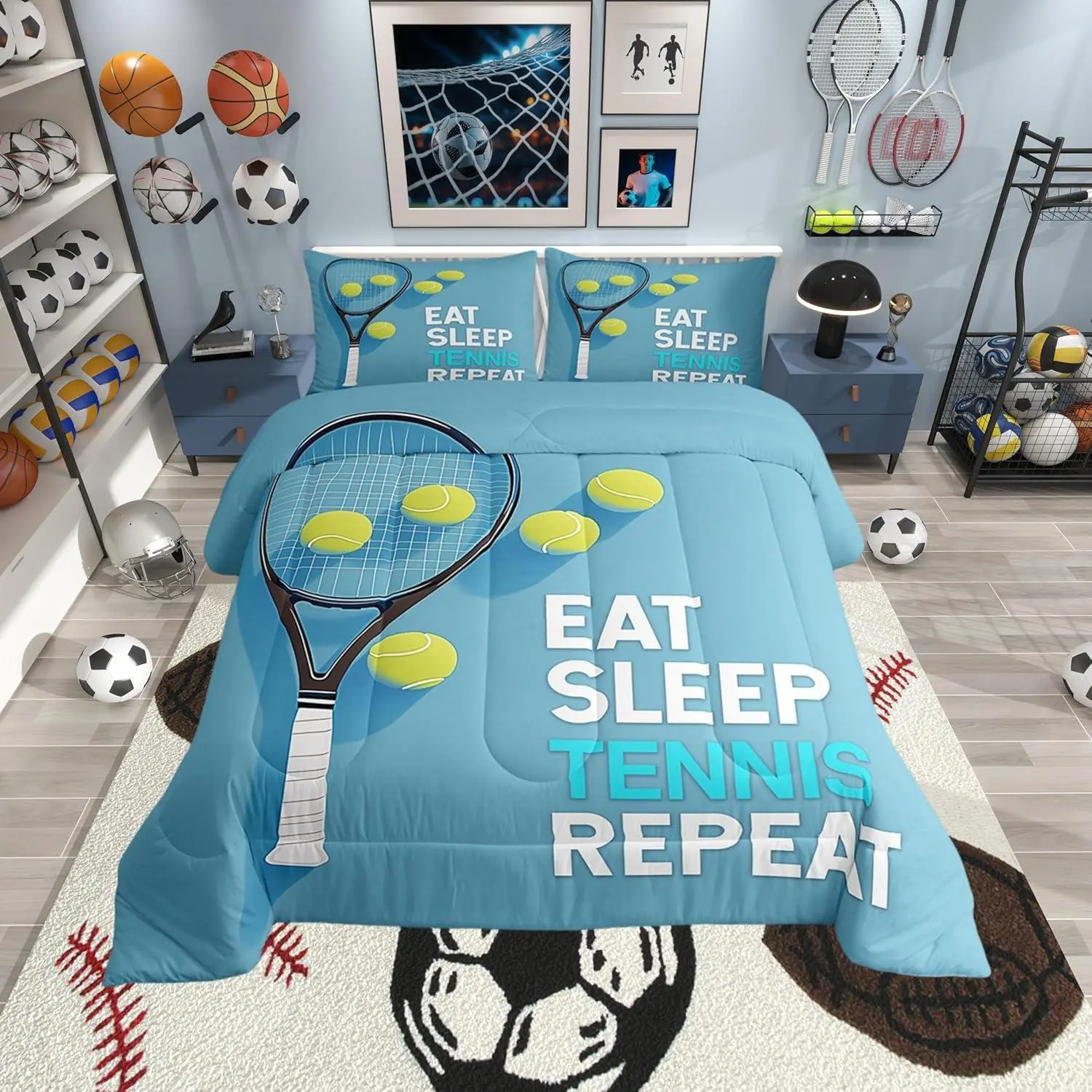 Tennis Themed Bedding Set,Sport Competition Comforter Set for Kids Teens Room Decor Tennis Racket Duvet Insert Fashion Sports Ball Games Down Comforter Set