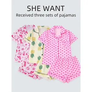 Three Sets of Women's Pajamas Set, Knitted Fabric, Short Sleeved Button Top & Matching Shorts, Full Body Print, Collar & Pocket Details