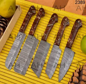Handmade Damascus Steel Chef's Knives Set, Set of 5 Pieces with Meat Cleaver, Bread Knife, and Gift for Him or Her, Sharp Knives, Kitchen Knives, Brown Wood Handle, 2389 Block Knife Block Chef Knife Blade Wooden