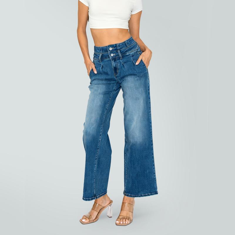 PREJEAN Y2K Washed Baggy Jeans for Women Trendy High Rise Straight Wide Leg Denim Pants with Pocket Fashion Casual High Street Long Trousers Elegant Loose Fit Floor Length Jeans