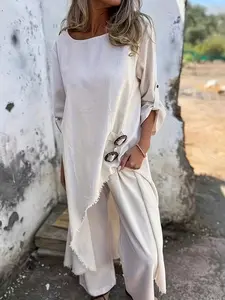 Women's Asymmetrical Solid Top Set with Basic Minimalist Design, Aesthetic Side Button Style and Draping Fabric, Perfect for Daily Commute and Vacation