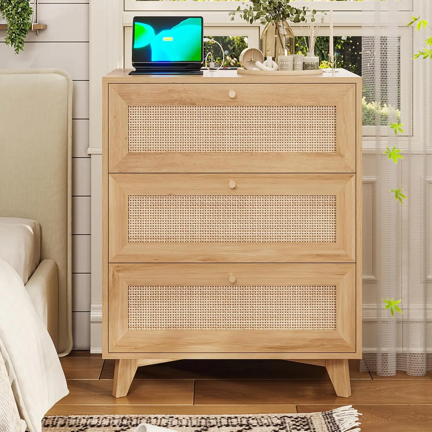 AOGLLATI Bohemian Cross Legged Rectangular Rattan Weave Nightstand - Engineered Wood Bedroom Side Table with Handmade Weaving, 3 Drawers, 2 USB Ports, 2 AC Outlets, Metal Handle