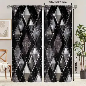 2-Piece set, black silver glitter diamond print curtains, simple diamond pattern design, half-blackout rod pocket design, suitable for bedroom, living room, office home decoration, room decoration.
