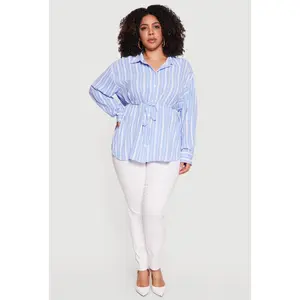 Plus Size Striped Drawstring Waist Tunic Top