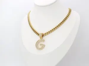 Gold CZ Initial Necklace with Curb Link Chain - 7mm Thick 14k Heavy Plated Gold Cubic Zirconia - Elegant Design & Versatile Length Options