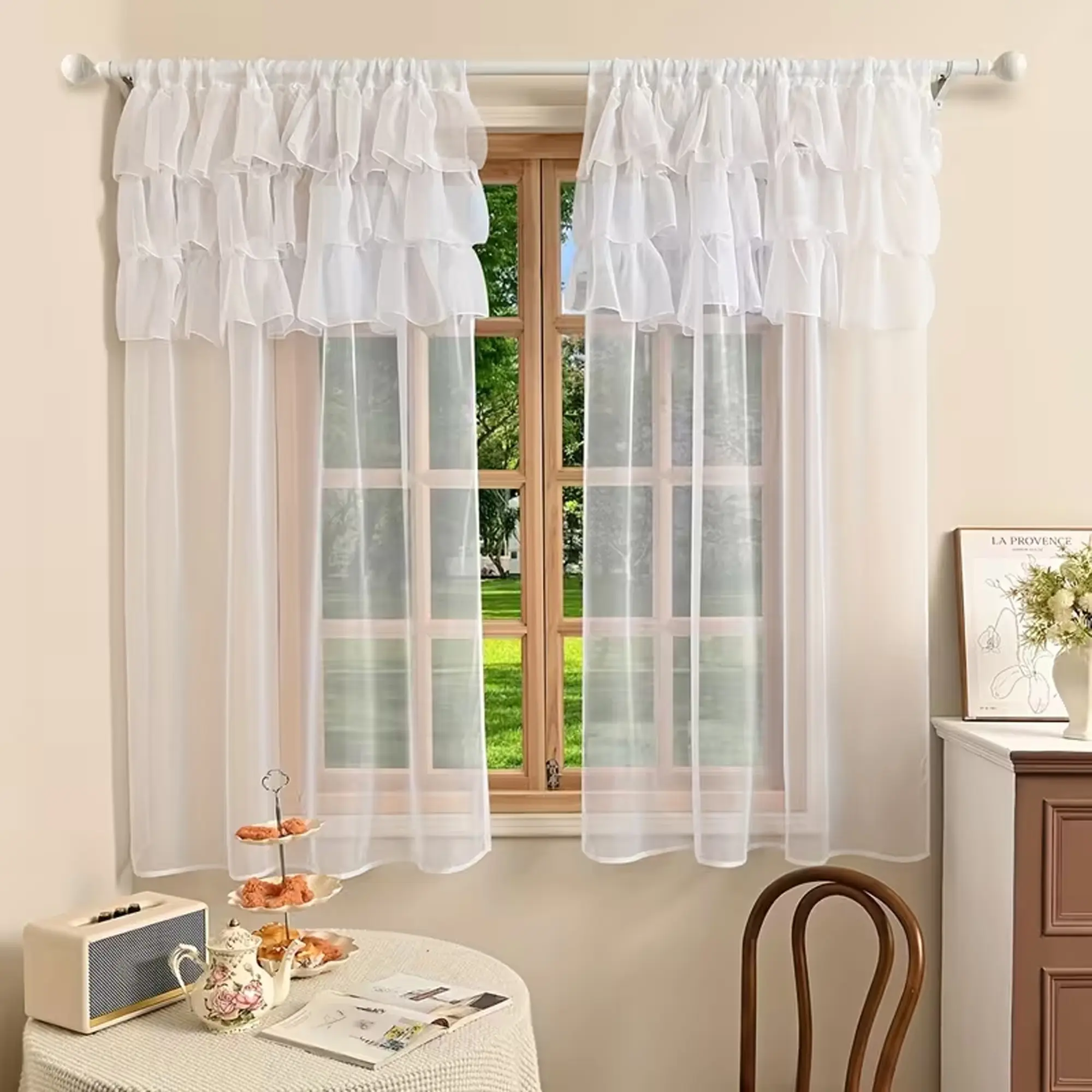 1pc Transparent Wave Fashion Ruffle Curtain, Modern Style Drapes for Kitchen and Dining Room, Rod Pocket Installation, Office Home Decor