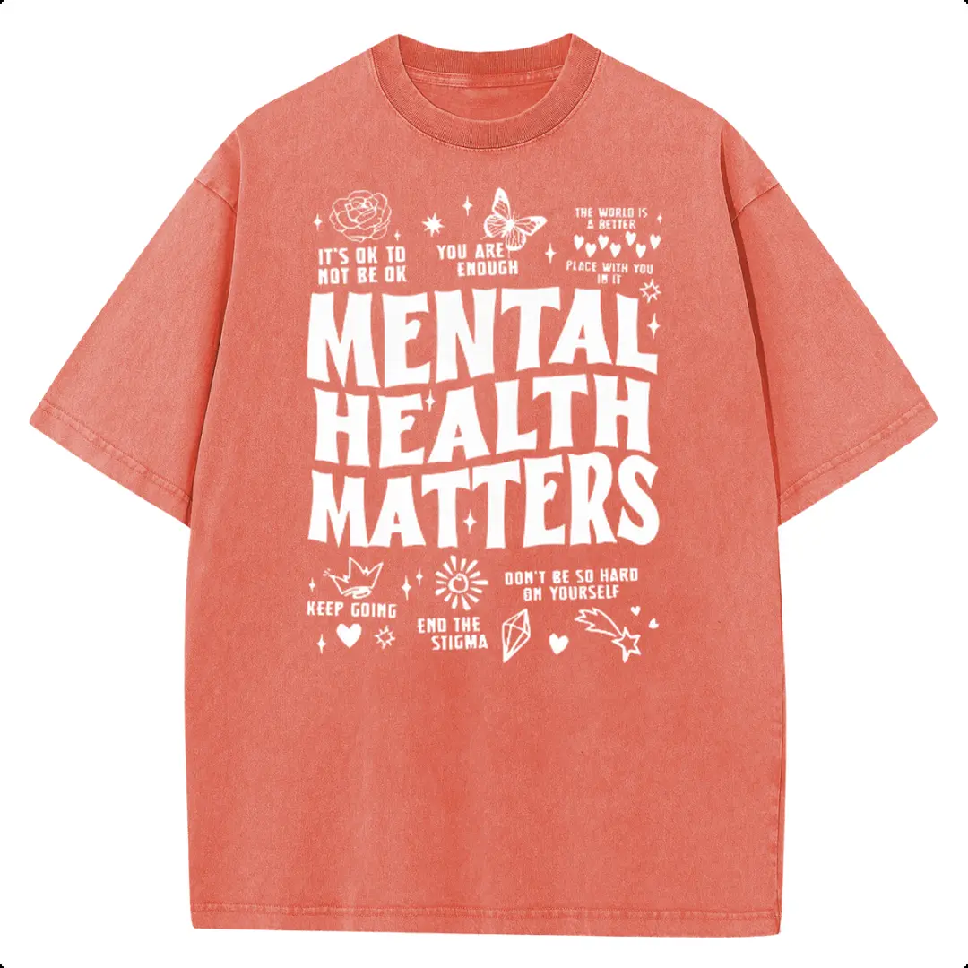 Holafish 2026 New Streetwear Mental Health Matters Washed T-Shirt, Casual Comfortable Workwear Cotton Tee for Men & Women