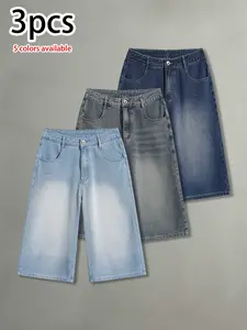 Pack of 3 men’s washed distressed denim shorts—summer cotton shorts that are comfortable and skin-friendly for everyday wear; versatile casual athletic shorts with a retro street-style fashion look and a loose fit.summervibes