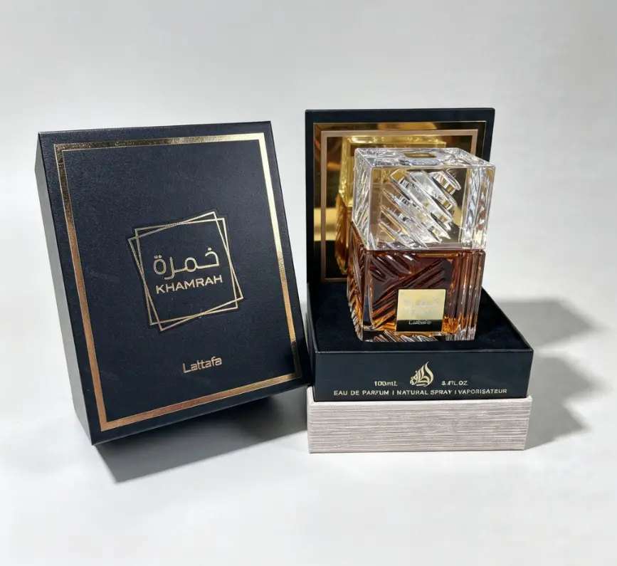 Lattafa Khamrah 100ml Unisex Arabian Eau de Parfum, Luxury Cut Crystal Bottle Warm Amber Woody Fruity Perfume, Long Lasting Fragrance With Black Gold Foil Gift Box For Office Date Evening