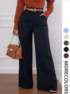 Women's Solid High Waist Wide Leg Pants without Belt, Casual Comfy Trousers for Daily Wear, Ladies Bottoms for All Seasons