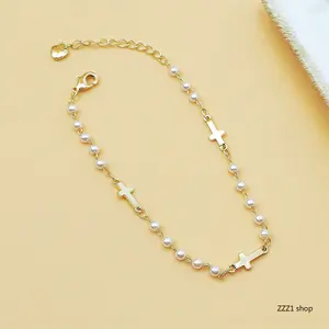 Gold Cross Pearl Bracelet for Women Faux Beaded Link Chain Heart Tag Elegant 7.08 Inch Adjustable Wrist Jewelry Religious Baptism Communion Gift