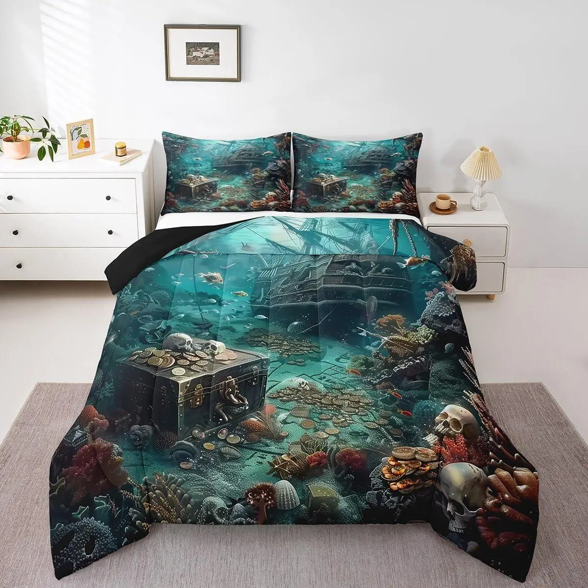 Pirate Ship Bedding Set,Nautical Sailboat Comforter Set for Boys Teen Kids Room Decor,Sail Boat Sailing Quilt Bed Set,Teal Ocean Marine Bedding Comforter Set