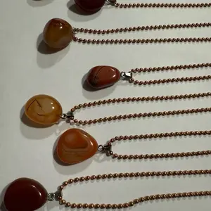 Carnelian Pendant on Copper Ball Chain - Natural Stone Necklace for Women and Men