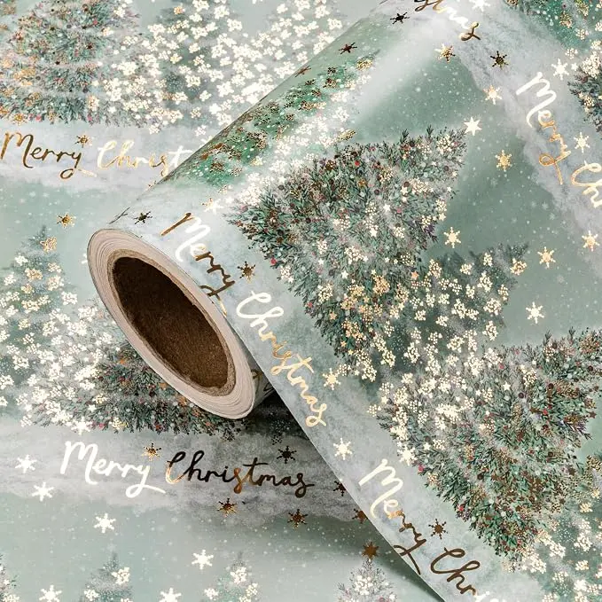 WRAPAHOLIC Christmas Wrapping Paper Roll, Holiday Gift Wrap with Watercolor Snowy Christmas Tree, Gold Foil Design and Reversible Green Pattern, Premium Xmas Wrapping Paper for Kids, Family, Holiday Party, Winter Season Gifts, 17 Inch x 16.5 Feet