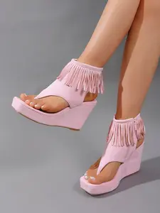 Summer New Fringe Solid Color Open Toe High Wedge Sandals, Stylish Footwear for Women, Comfortable and Trendy Summer Shoes