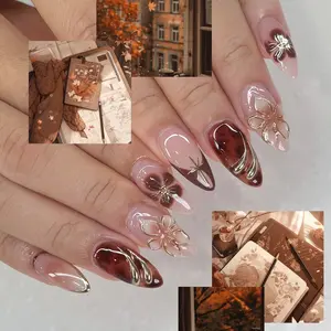 Brown Tortoise Shell Press On Nails with Gold Floral Charms Handmade Autumn Stiletto False Nails Cozy Luxury Gel Nail Art Set for Fall Style