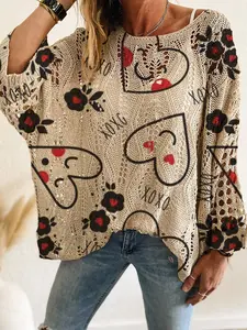 Women's Long Sleeve Heart Print Knit Top, Casual V Neck Hollow Out Batwing Shoulder, Spring Summer Fashion, Holiday Style