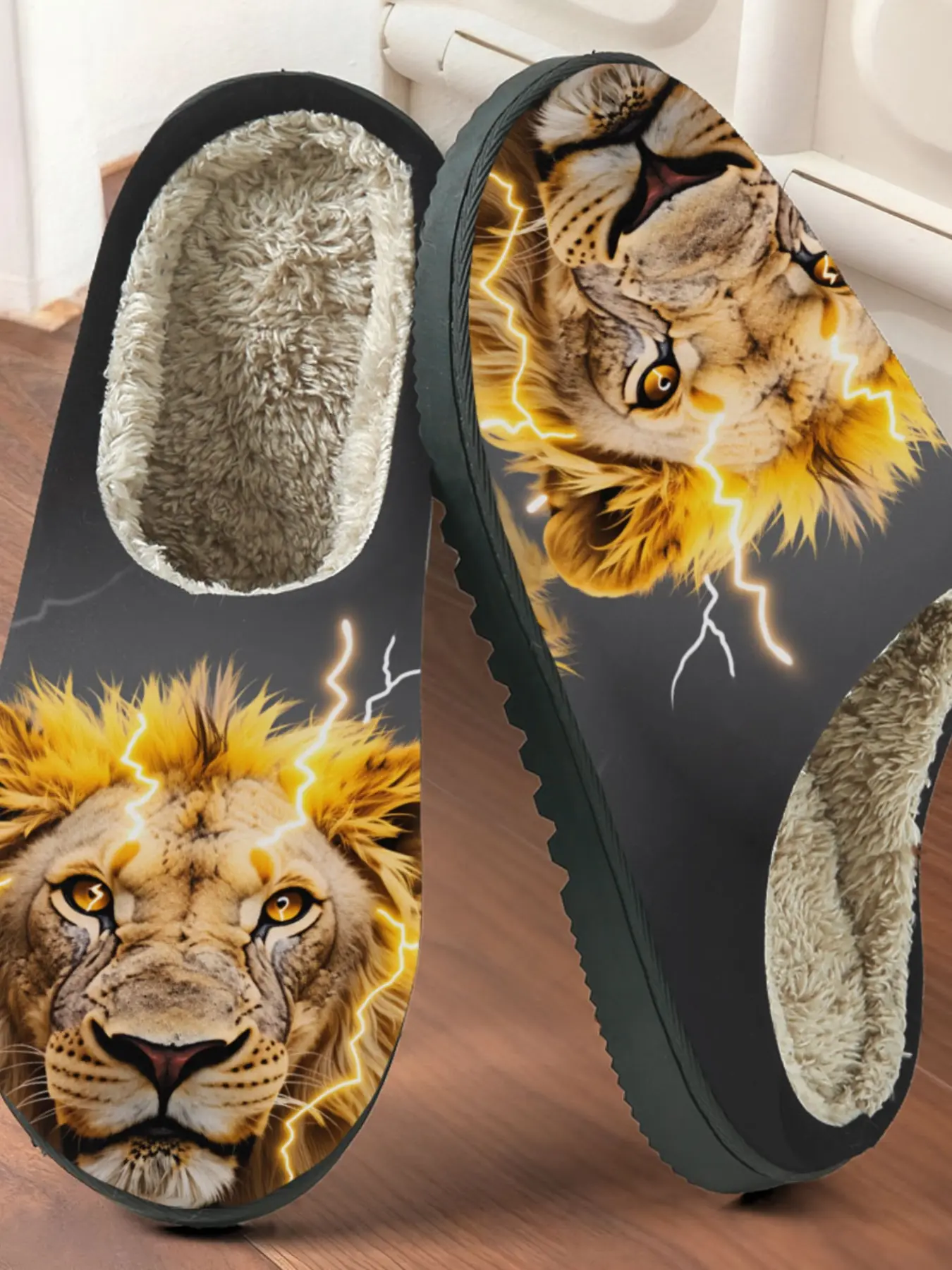 Men Women Cotton Slippers, Lightning Lion Print Warm Home Shoes, Winter Casual Footwear, Soft & Comfortable Design