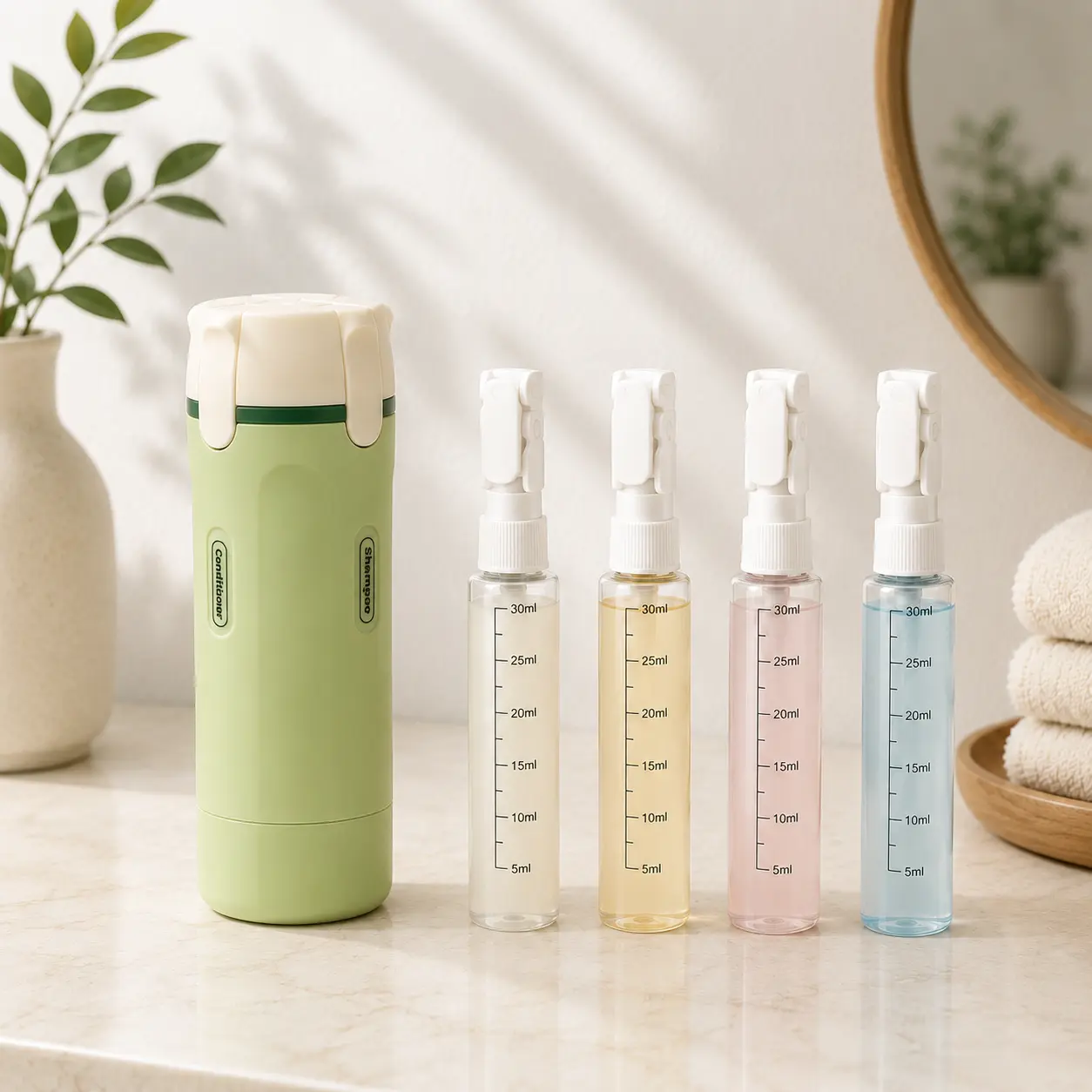 4 in 1 Travel Dispenser Bottle, Travel Bottles for Toiletries, TSA Approved Travel Containers for Shampoo, Conditioner, Lotion & Creams, Leakproof Travel Essentials