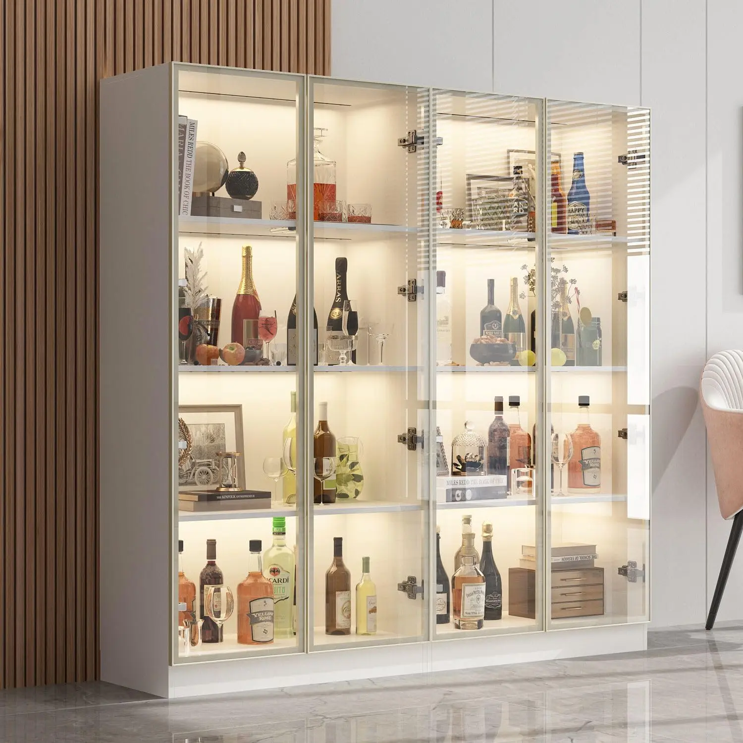 FUFU&GAGA Display Cabinet with Glass Doors and Lights, Glass Display Cabinet with 4-Tier Storage Shelves, Pop-up Design, Trophy Cabinet White and Champagne Gold Furniture Decorations