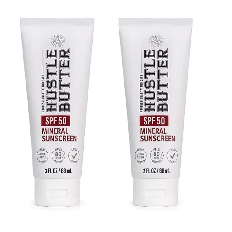 【Buy 1 Get 1 Free】Hustle Butter Mineral Tattoo Sunscreen Moisturizer Lotion - SPF50, 3 oz, Water-Resistant UV Ink Protector, Gentle Daily Tattoo Aftercare