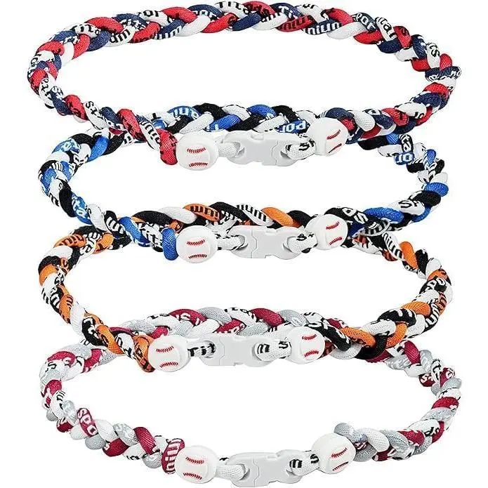 4 counts Baseball Necklaces Three Braided Rope Tornado Necklaces Sports Titanium Necklace Baseball Rope Necklaces