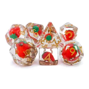 Strawberry Resin DnD Dice Set - 7-Piece Fruit RPG Dice with Real Strawberries Mini & Dehydrated Seeds for Tabletop Gaming