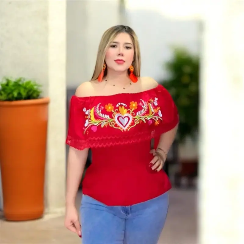 Blusa campesina del amor, tela rayón bordada y elástico en la cintura