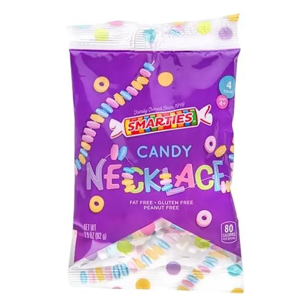 Smarties Candy Necklace Individually Wrapped Gluten Free Vegan Fruit Flavored Hard Candy Bulk on Stretch String Perfect Party Favors Birthdays & Halloween Celebrations 4 Necklaces Per Bag 2.9 Ounce