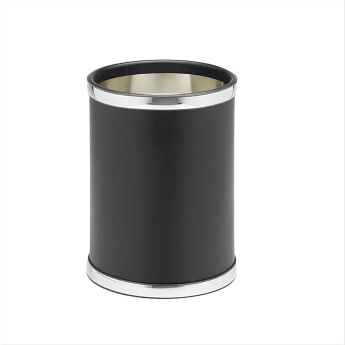 212 MAIN Circular Kitchen Garbage Can - Classic Black Leatherette, Polished Chrome Finish, 12"h x 10"w x 10"d, Home Trash Bin