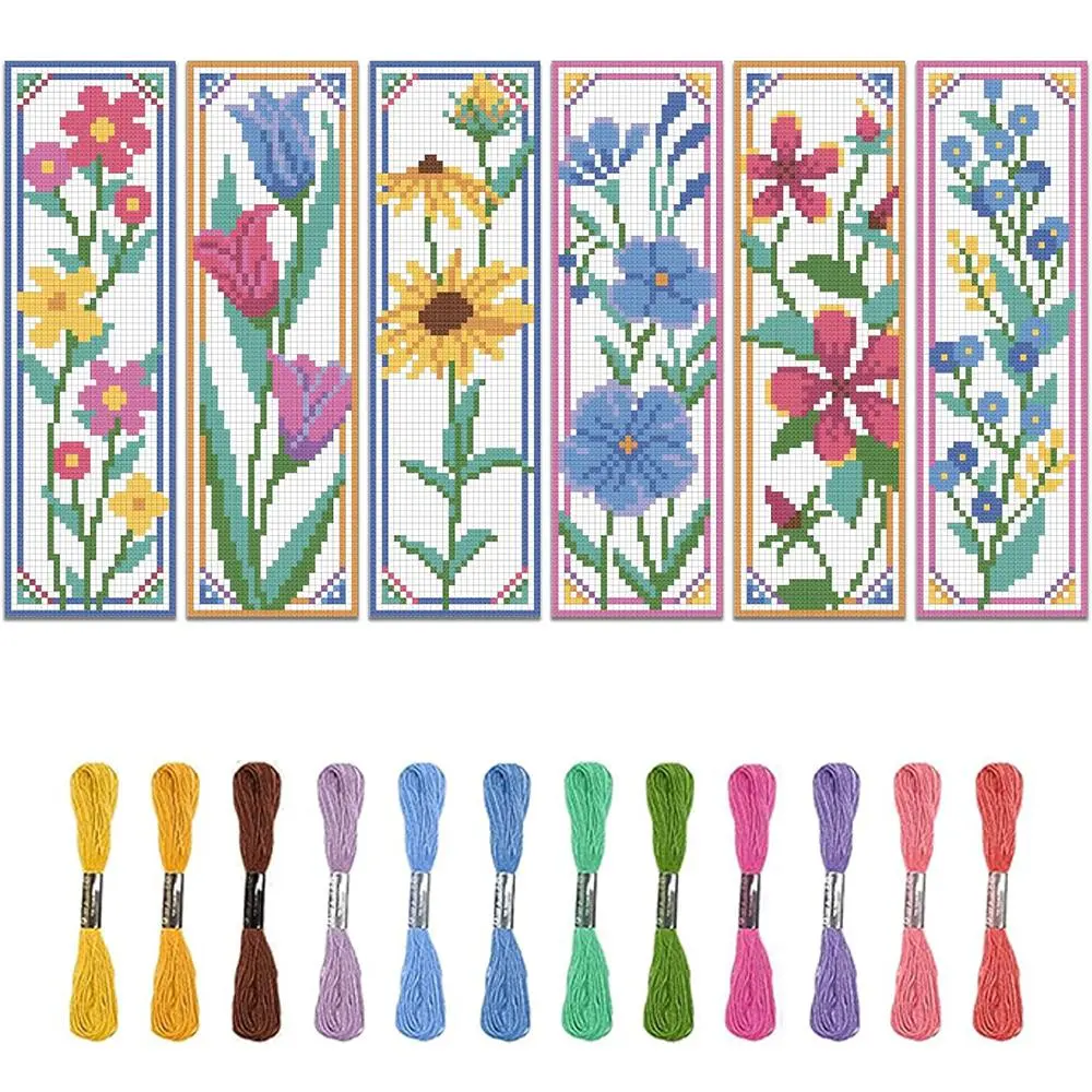 Cartoon Style Cross Stitch Bookmark DIY Art Set, 6 Counts/set Embroidery Sets with Various Floral Prints, Random Color Embroidery Tools, Birthday Gift, Handmade Gifts, Cross Stitch Kit, DIY Kits, Crafts