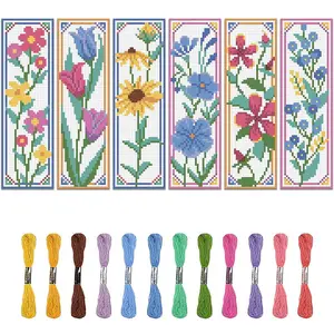 Cartoon Style Cross Stitch Bookmark DIY Art Set, 6 Counts/set Embroidery Sets with Various Floral Prints, Random Color Embroidery Tools, Birthday Gift
