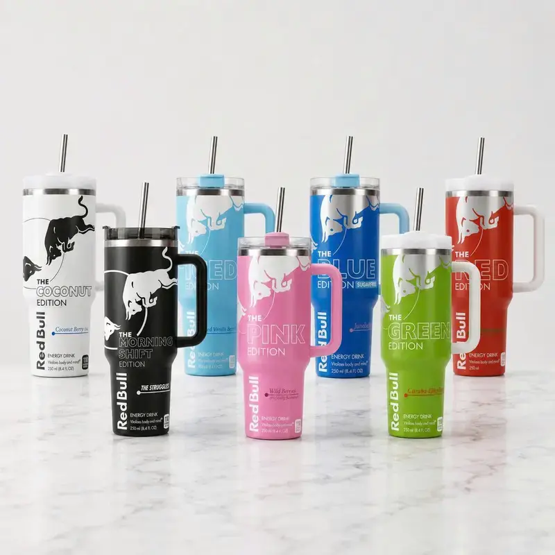 [ Gift Straw & box] Red Bull Pink, Blue & White Edition 40oz Stainless Steel Tumbler With Handle and Straw, Double Wall Vacuum Insulated Travel Mug